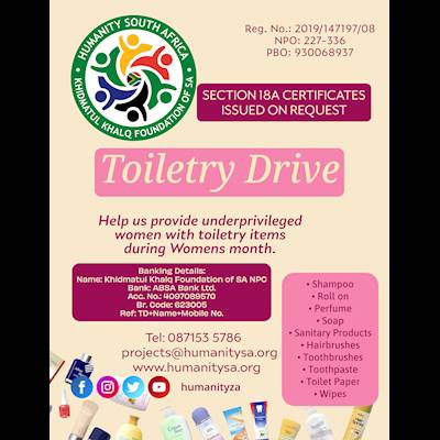 Help HUMANITY SOUTH AFRICA  (Khidmatul) by TOILETRY PACKS  for women and young girls 