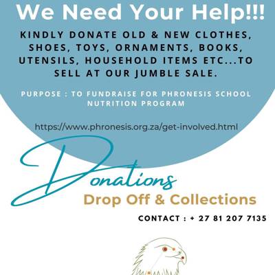 Help Phronesis Student Development Trust by Donating Old & New Items that you do not need anymore for Stocking  our Community  Charity Shop