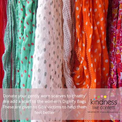 Help Kindness Like Confetti by donating your old scarves for women who've experienced GBV