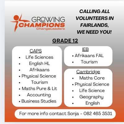 Help Growing Champions NPO with 7 volunteers for Gr 11 & 12