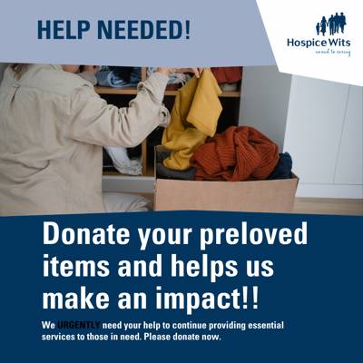 Help Greendale House Palliative & Hospice Care (HospiceWits) by donating your preloved items (all items accepted) for resale in our charity shops