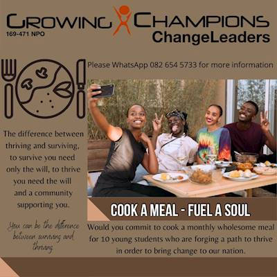 Help Growing Champions NPO with 100 volunteers for cooking meals for our champions