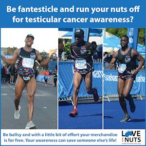 Help Love Your Nuts Foundation with 500 volunteers for testicular cancer education by running your nuts off