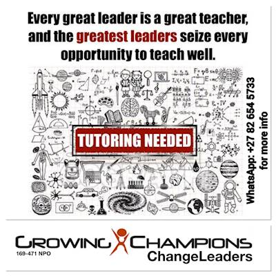 Help Growing Champions NPO with 1000 volunteers for tutoring our intelligent young champions.