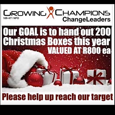 Help Growing Champions NPO raise R160,000 for 200 Christmas Boxes valued at R800 ea.